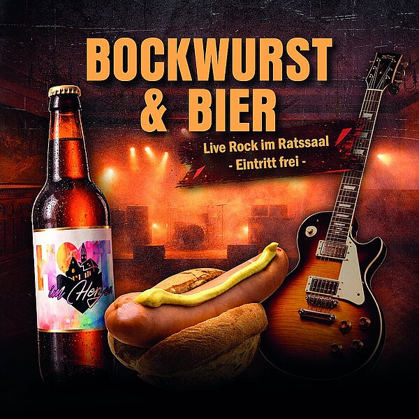 Event ‚Bockwurst & Bier‘ mit Live Rock im Ratssaal, Eintritt frei. Bier, Bockwurst und Gitarre vor orange beleuchteter Bühne.