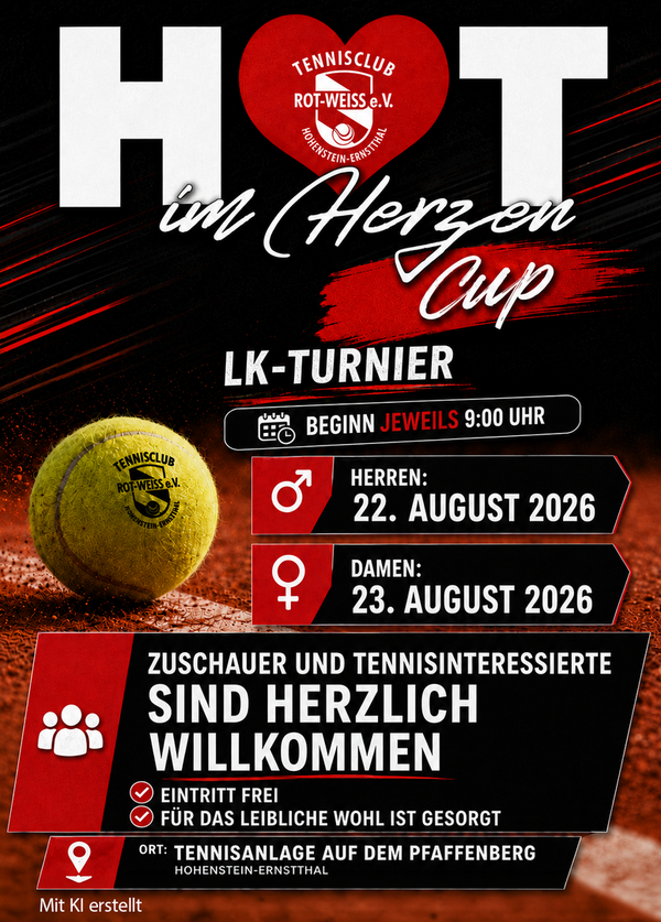 Veranstaltungsplakat zum HOT im Herzen Cup des Tennisclub Rot-Weiß Hohenstein-Ernstthal. Das LK-Tennisturnier findet am 22. August 2026 für die Herren und am 23. August 2026 für die Damen statt. Spielbeginn ist jeweils um 9 Uhr auf der Tennisanlage am Pfaffenberg in Hohenstein-Ernstthal. Der Eintritt ist frei, für das leibliche Wohl ist gesorgt.
