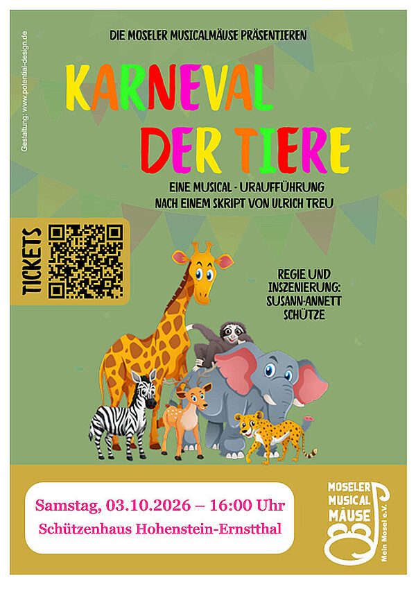 Plakat zur Musical-Uraufführung „Karneval der Tiere“ der Moseler MusicalMäuse am 3. Oktober 2026 im Schützenhaus Hohenstein-Ernstthal mit verschiedenen illustrierten Tieren.