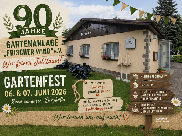 Berghütte der Gartenanlage „Frischer Wind“ in Hohenstein-Ernstthal zum Gartenfest anlässlich des 90-jährigen Bestehens am 6. und 7. Juni 2026.