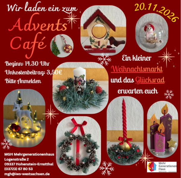 Roter Veranstaltungsflyer zum Adventscafé am 20. November 2026 im Mehrgenerationenhaus Hohenstein-Ernstthal. Mehrere Fotos zeigen handgefertigte Adventsdekorationen, darunter Kränze, Kerzen und beleuchtete Figuren. Der Flyer informiert über Beginn, Kosten und Anmeldung.