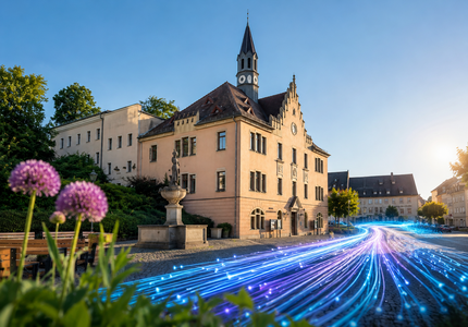 Blick auf das Rathaus Hohenstein-Ernstthal an einem sonnigen Tag. Über den Marktplatz verlaufen symbolische leuchtende Glasfaser-Lichtlinien, die den digitalen Ausbau und die moderne Infrastruktur der Stadt darstellen.