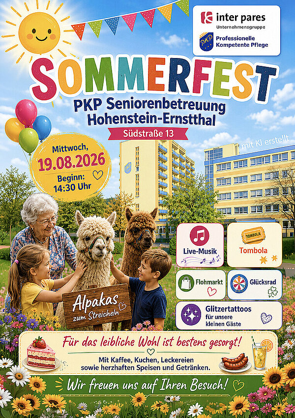 Buntes Plakat zum Sommerfest der PKP Seniorenbetreuung Hohenstein-Ernstthal am 19. August 2026 ab 14:30 Uhr in der Südstraße 13. Das Plakat zeigt Alpakas, Kinder und eine Seniorin sowie Hinweise auf Live-Musik, Tombola, Flohmarkt, Glücksrad, Glitzertattoos und ein gastronomisches Angebot mit Kaffee, Kuchen sowie herzhaften Speisen und Getränken.