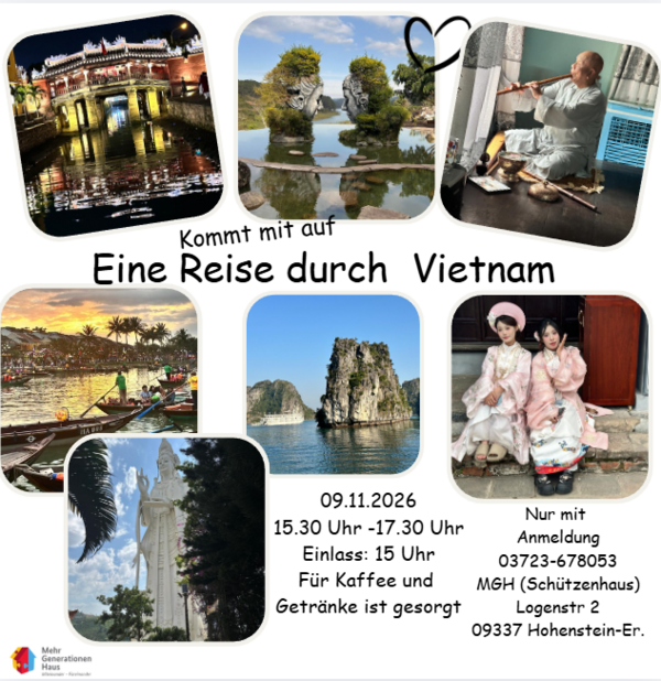 Veranstaltungsflyer „Eine Reise durch Vietnam“ mit Fotografien von Tempeln, Felslandschaften, Wasserwegen und Menschen in traditioneller Kleidung. Der Reisevortrag findet am 9. November 2026 im Mehrgenerationenhaus Hohenstein-Ernstthal statt.