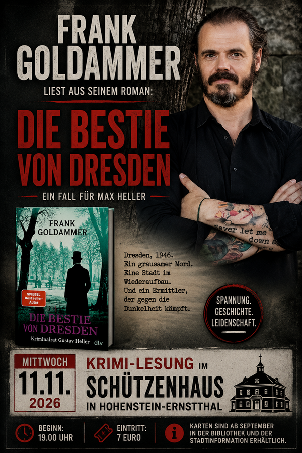 Plakat zur Krimi-Lesung mit Frank Goldammer aus seinem Roman „Die Bestie von Dresden“ am 11. November 2026 im Schützenhaus Hohenstein-Ernstthal.