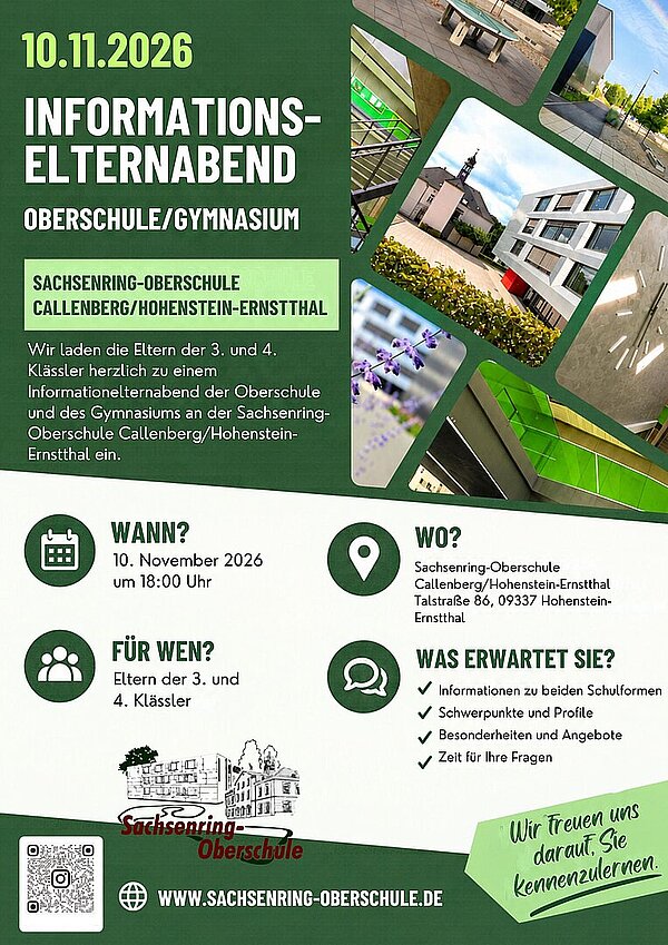 Grün gestalteter Flyer der Sachsenring-Oberschule mit Fotografien des Schulgebäudes. Er informiert über den Elternabend zu Oberschule und Gymnasium am 10. November 2026 um 18 Uhr in der Talstraße 86 in Hohenstein-Ernstthal.
