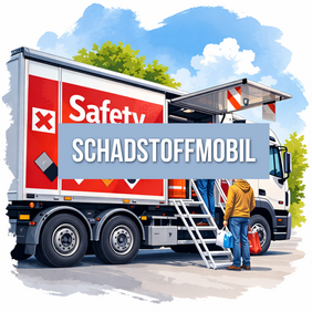 Schadstoffmobil zur Entsorgung von Sondermüll: Bürger geben Haushalts-Schadstoffe wie Farben, Chemikalien oder Lacke an einem mobilen Sammelfahrzeug ab.