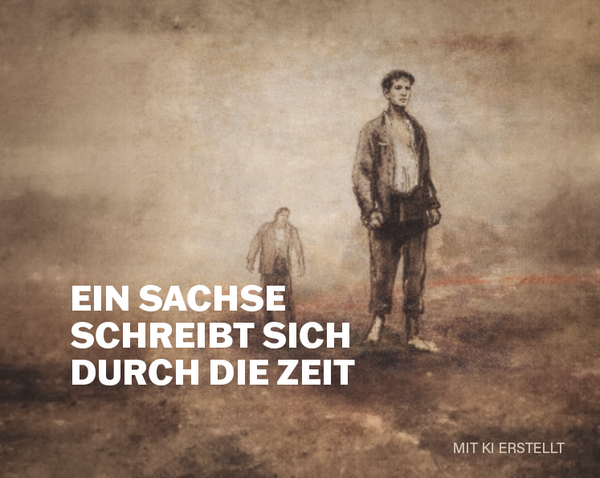 Grafik zur Veranstaltung „Ein Sachse schreibt sich durch die Zeit“ zum 100. Geburtstag von Erich Loest mit stilisierter Darstellung zweier Figuren aus dem Buchcover „Jungen, die übrigblieben“ auf sepiafarbenem Hintergrund und Hinweis „mit KI erstellt“.