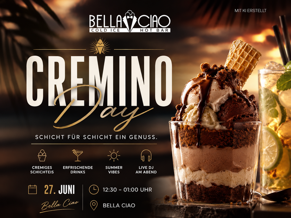 Modernes, sommerliches Veranstaltungsmotiv zum „Cremino Day“ im Bella Ciao. Vor einem warmen Sonnenuntergang und stilvoller Lounge-Atmosphäre steht ein cremiges Schichteis-Dessert mit Schokolade und Waffel im Mittelpunkt, daneben ein erfrischender Drink mit Limetten und Minze. Das Bella-Ciao-Logo ist im oberen Bereich eingebunden. Goldene Typografie und dezente Symbole unterstreichen die sommerliche Eventstimmung mit Live-DJ, Genuss und entspannten Summer Vibes.