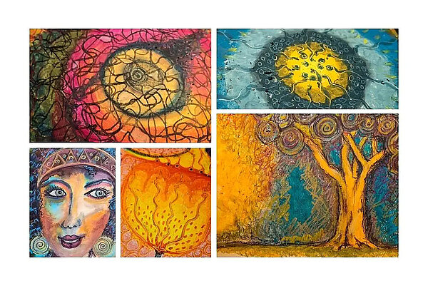 Collage aus mehreren farbenfrohen, abstrakten Kunstwerken mit intuitiver Malerei. Zu sehen sind spiralförmige Muster, organische Linien, eine stilisierte Frauenfigur mit großen Augen, leuchtende Gelb- und Orangetöne sowie ein fantasievoller Baum mit kreisförmigen Blättern. Die Werke wirken verspielt, emotional und ausdrucksstark.