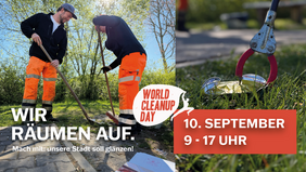 Mitarbeitende des Bauhofs sammeln mit Greifzangen Müll auf einer Grünfläche in Hohenstein-Ernstthal. Das Motiv wirbt für den World Cleanup Day am 10. September und lädt zum gemeinsamen Mitmachen ein.