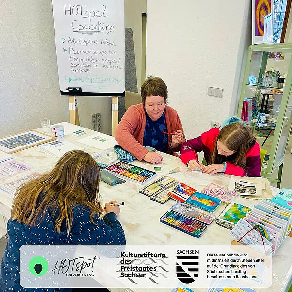 Kreativworkshop im HOTspot Coworking in Hohenstein-Ernstthal: Eine Kursleiterin sitzt mit zwei Kindern an einem großen Tisch und gestaltet gemeinsam kleine Kunstwerke mit Pastellkreiden, Farben und Skizzenmaterial. Auf dem Tisch liegen zahlreiche bunte Zeichnungen und Kreativutensilien. Im Hintergrund steht ein Flipchart mit Informationen zum Coworking-Angebot. Unten im Bild sind die Logos des HOTspot Coworking sowie der Kulturstiftung des Freistaates Sachsen zu sehen.