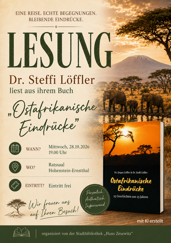 Veranstaltungsplakat zur Lesung „Ostafrikanische Eindrücke“ mit Dr. Steffi Löffler am 28. Oktober 2026 um 19 Uhr im Ratssaal Hohenstein-Ernstthal. Das Plakat zeigt eine afrikanische Savannenlandschaft mit Elefanten und einem Berg im Hintergrund sowie das Buchcover. Informationen: Eintritt frei, organisiert von der Stadtbibliothek „Hans Zesewitz“.