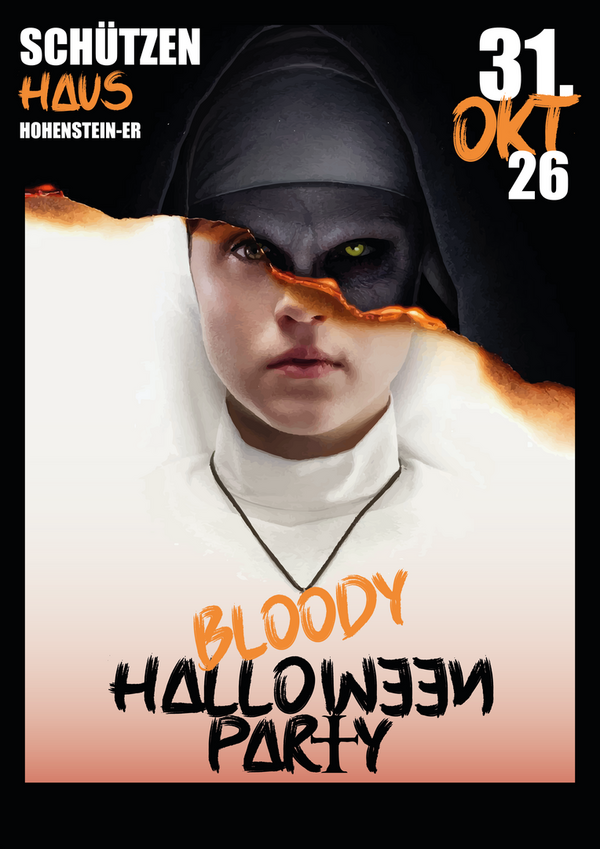 Dunkles Veranstaltungsplakat zur „Bloody Halloween Party“ am 31. Oktober 2026 im Schützenhaus Hohenstein-Ernstthal mit einer teilweise maskierten Person und orangefarbenen Schriftakzenten.