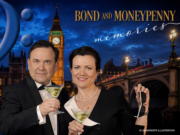 Plakat zum Rathauskonzert „Bond and Moneypenny Memories“ am 20. Mai 2026 im Ratssaal des Rathauses Hohenstein-Ernstthal mit Trompeter Ronald Kick und Moderatorin Ulrike Wülfrath vor London-Kulisse im James-Bond-Stil.