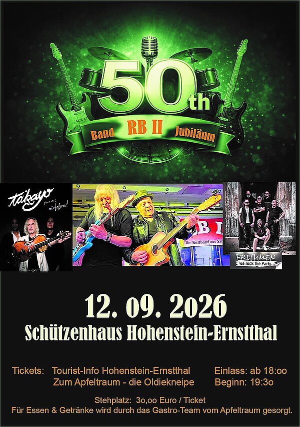 Plakat zum 50-jährigen Bandjubiläum von RB II am 12. September 2026 im Schützenhaus Hohenstein-Ernstthal mit Fotos der auftretenden Musiker und Bands.