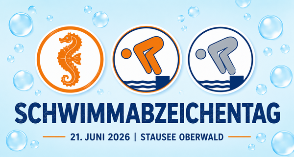Beitragsbild zum Schwimmabzeichentag 2026 am Stausee Oberwald. Dargestellt sind die Schwimmabzeichen Seepferdchen, Bronze und Silber vor einem hellblauen Hintergrund mit Wasserblasen. Die Veranstaltung wird von der Wasserwacht Hohenstein-Ernstthal organisiert.