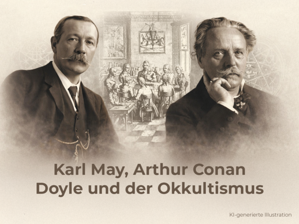 Illustration mit Porträts von Karl May und Arthur Conan Doyle vor einer historischen Séance-Szene, Titel „Karl May, Arthur Conan Doyle und der Okkultismus“, Hinweis auf einen literaturhistorischen Vortrag im Karl-May-Haus.