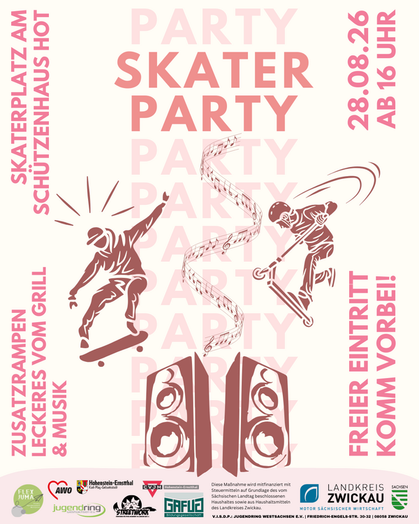 Plakat zur Skater Party am 28. August 2026 ab 16 Uhr auf dem Skaterplatz am Schützenhaus HOT mit Skateboarder, Scooterfahrer, Musiknoten und Lautsprechern.