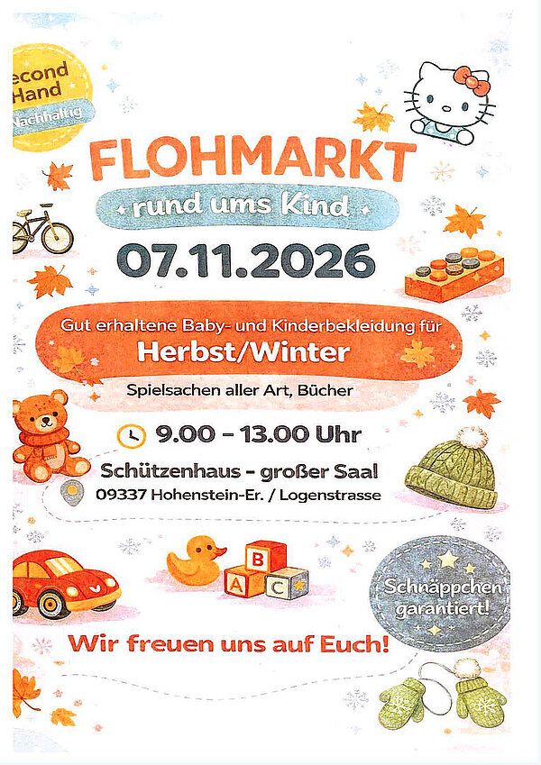Plakat zum Flohmarkt rund ums Kind am 7. November 2026 im Schützenhaus Hohenstein-Ernstthal mit Angaben zu Baby- und Kinderbekleidung, Spielsachen und Büchern.