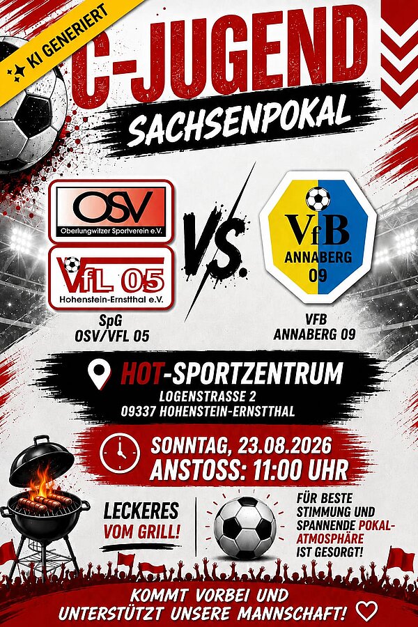 Veranstaltungsplakat für das C-Jugend-Spiel im Sachsenpokal zwischen der SpG Oberlungwitzer SV/VfL 05 Hohenstein-Ernstthal und dem VfB Annaberg 09. Das Spiel findet am Sonntag, 23. August 2026, um 11 Uhr im HOT-Sportzentrum in Hohenstein-Ernstthal statt. Das Plakat zeigt die Vereinslogos, einen Fußball, einen Grill als Hinweis auf die Verpflegung sowie den Aufruf, die Mannschaft zu unterstützen.