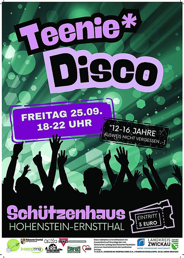 Verantaltungsplakat Teenie Disco 18-22 Uhr, 25. September 2026