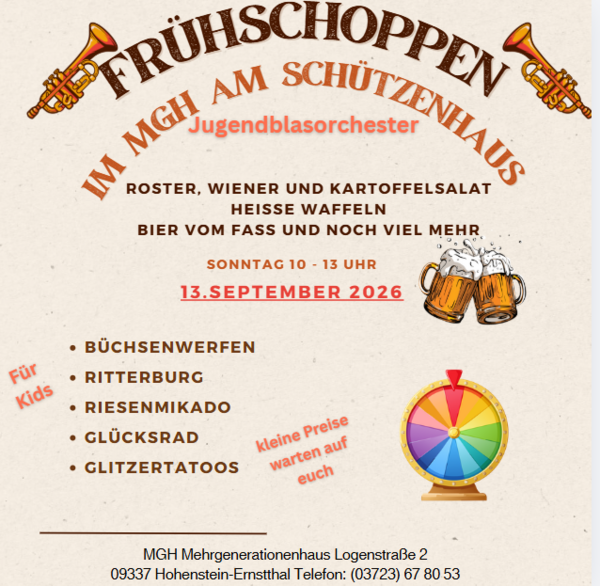Plakat zum Frühschoppen am Schützenhaus in Hohenstein-Ernstthal am 13. September 2026 von 10 bis 13 Uhr. Angekündigt sind das Jugendblasorchester, Speisen und Getränke sowie Büchsenwerfen, Ritterburg, Riesenmikado, Glücksrad und Glitzertattoos für Kinder.